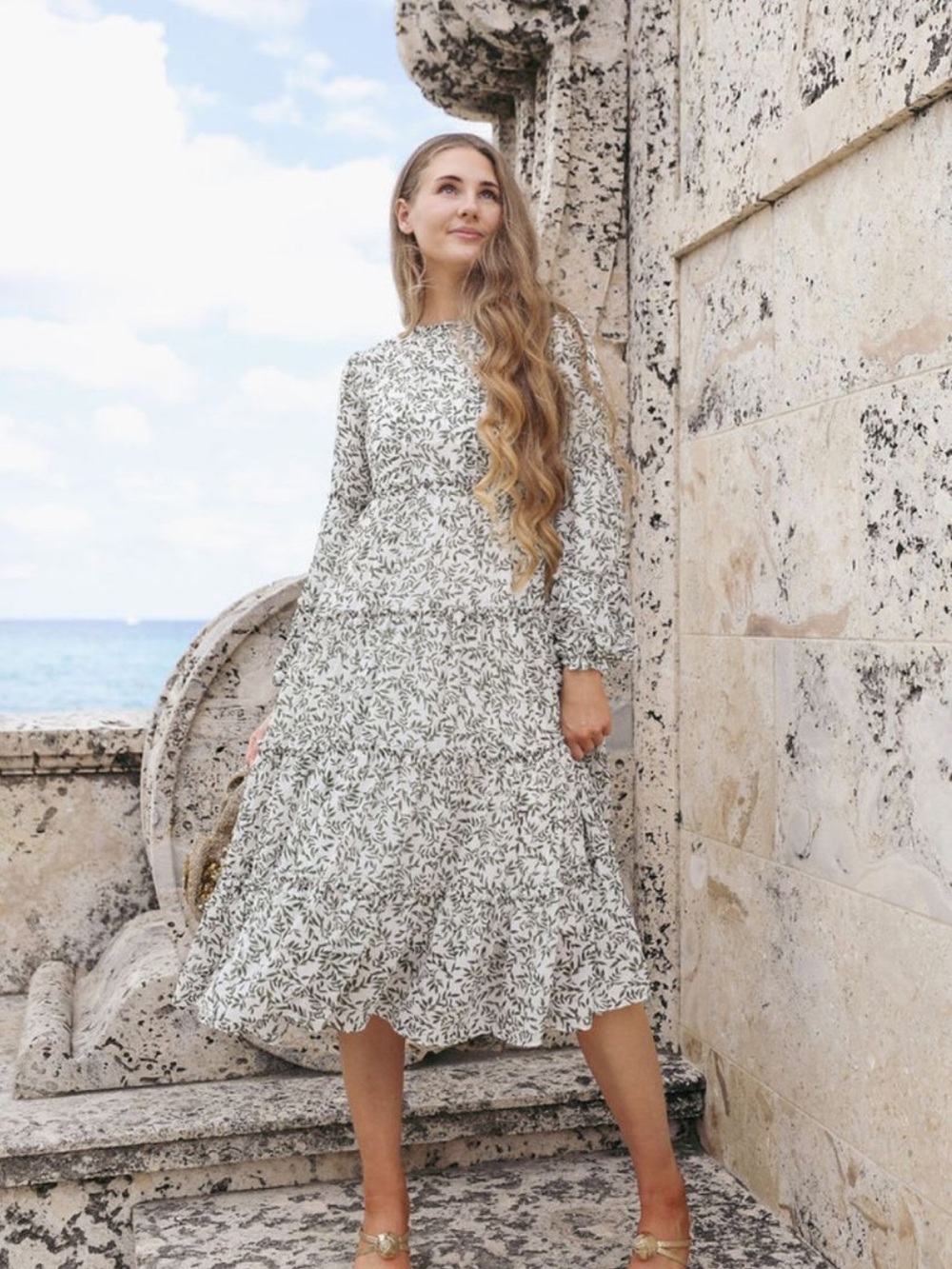Dainty Jewells Garden Reveries Green and Cream Floral Tiered Midi Dress XS